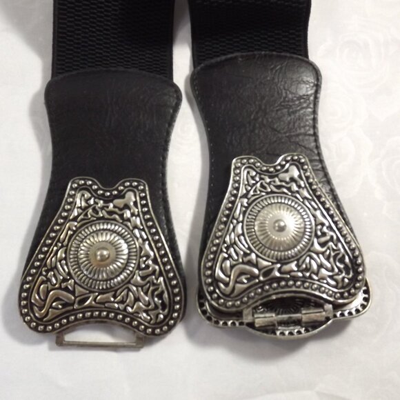 Southwestern Style Black and Silver Stretch Belt, Sz M/L - Picture 6 of 8